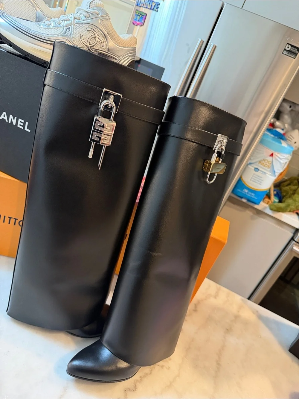 Givenchy SHARK BOOTS Black Leather with Silver Padlock Accent